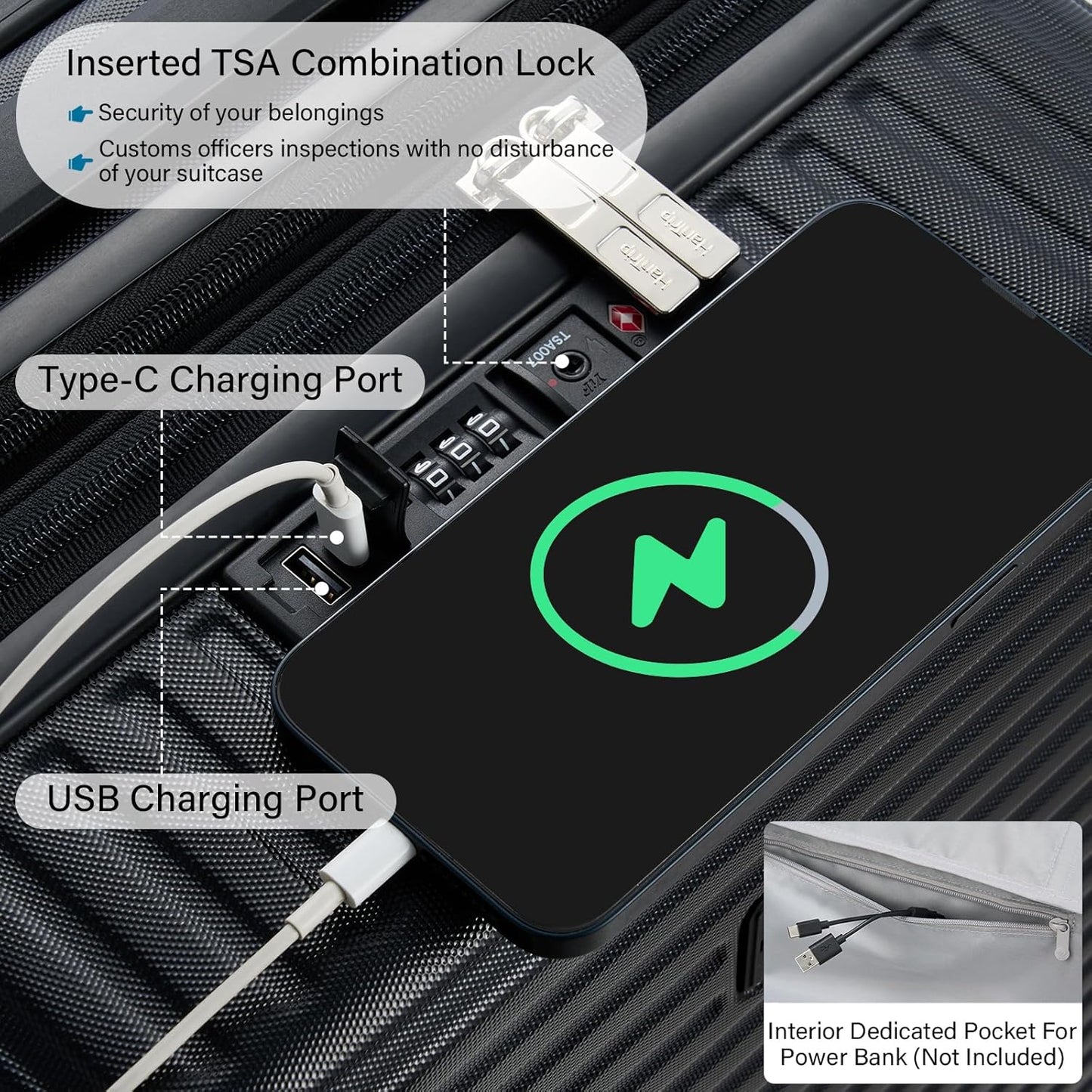 Hard Shell Suitcases Travel Expandable Luggage, 24 Inch Check in Luggage with Spinner Wheels Cup Holder Charger Built in, Checked Medium Suitcase Lightweight Suitcases, Black