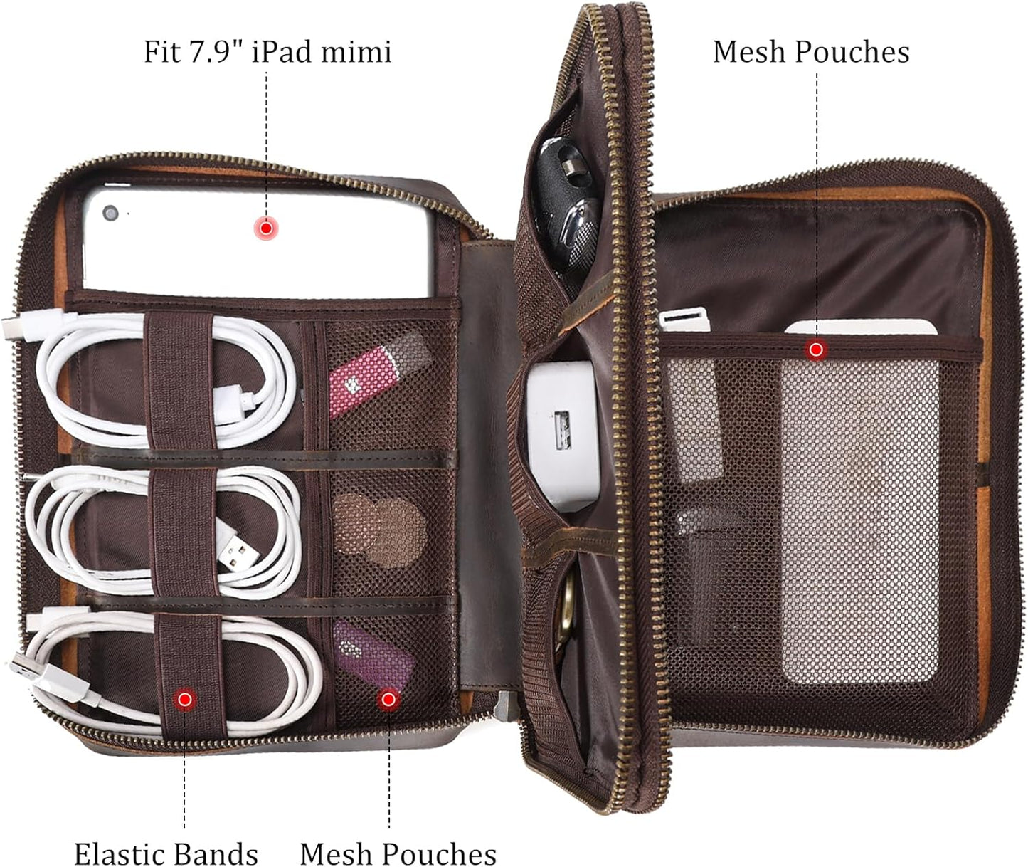 Polare Full Grain Leather Travel Cable Organizer Case Double Layer Electronics Accessories Carry Bag with YKK Zippers Tech Storage Bag for Cables, Power Bank, USB, SD Card