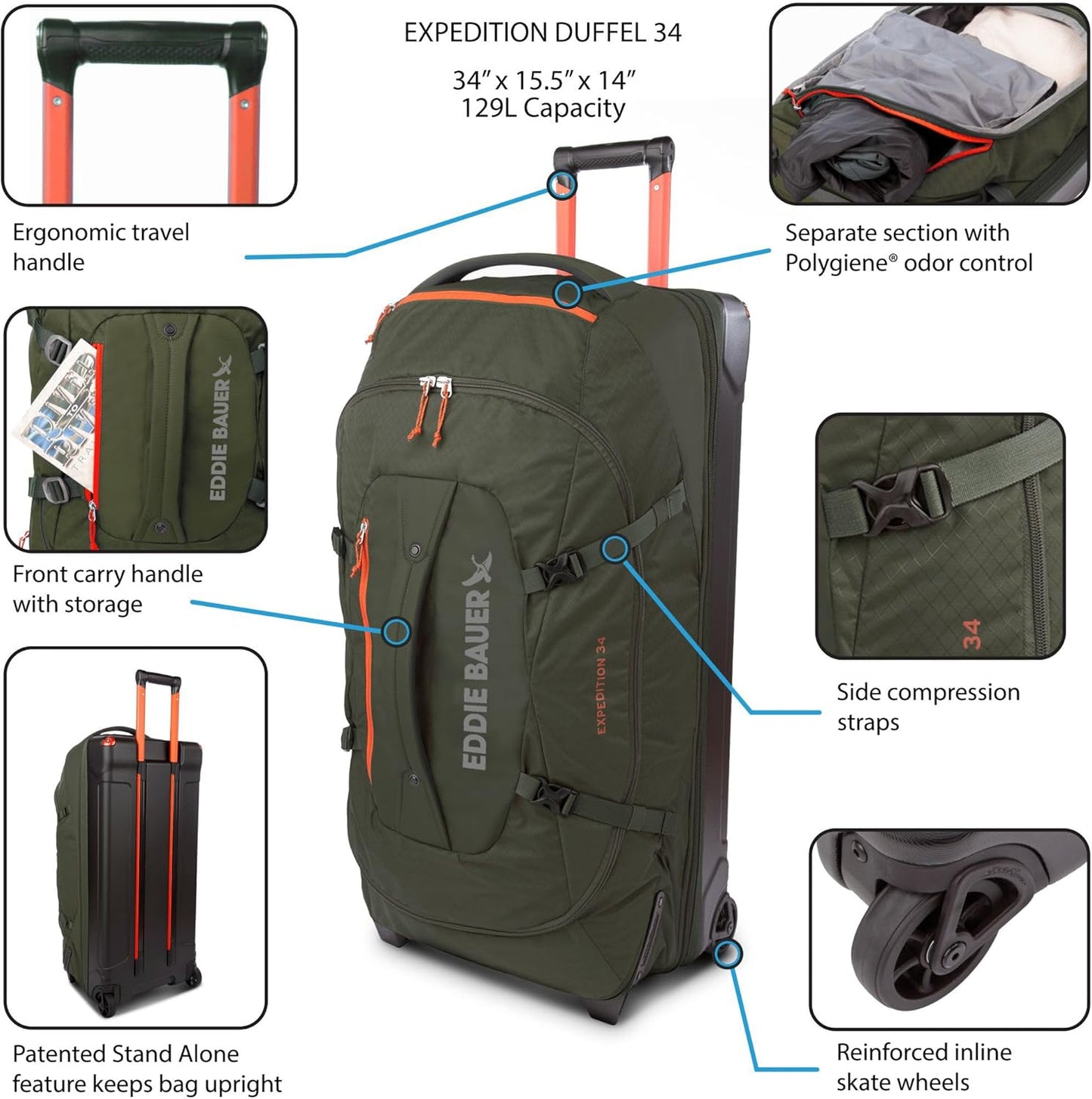 Eddie Bauer Expedition Rolling Duffel Bag with Wheels | Travel | Check-In | Luggage | Rugged | Durable - Dark Thyme, 34"