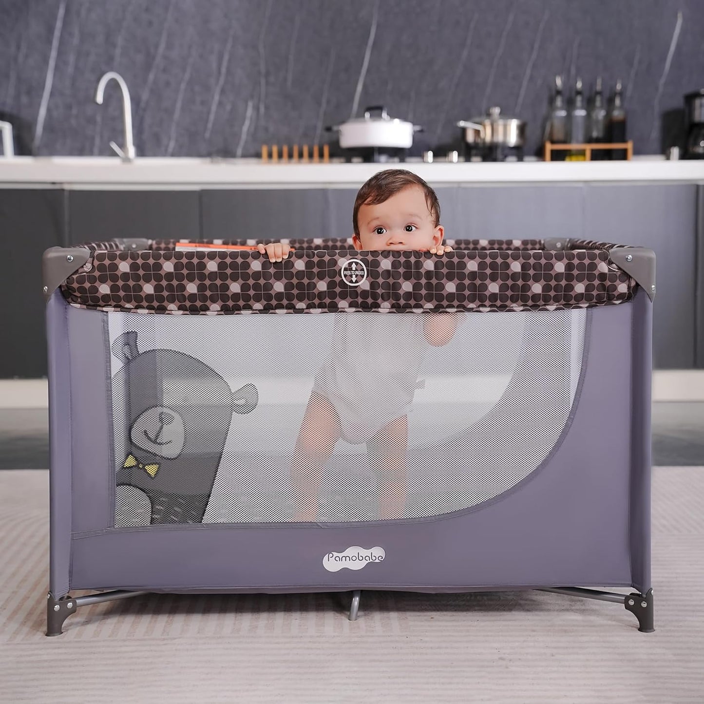Pamo Babe Portable Crib Baby Playpen with Mattress and Carry Bag Grey