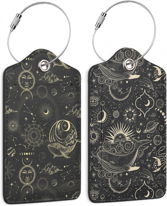 Vintage Sun Luggage Tags for Suitcases,2 Pack Stars Planets Luggage Tag,Leather Stainless Steel Loop Label Tag for Women Men Girls Travel Bag Suitcase