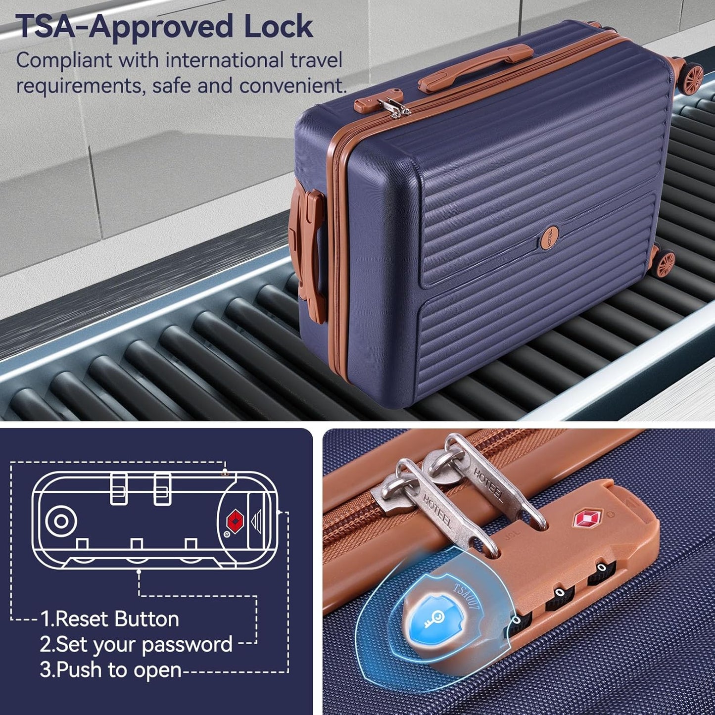 Hoteel 3 Piece Luggage Set with Spinner Wheels (4-YEAR WARRANTY), Carry on Luggage for Travel with TSA Lock, Hardshell ABS+PC Suitcase Set, 20" Suitcase + Expandable Duffel Bag+Cosmetic Bag(Dark Blue)