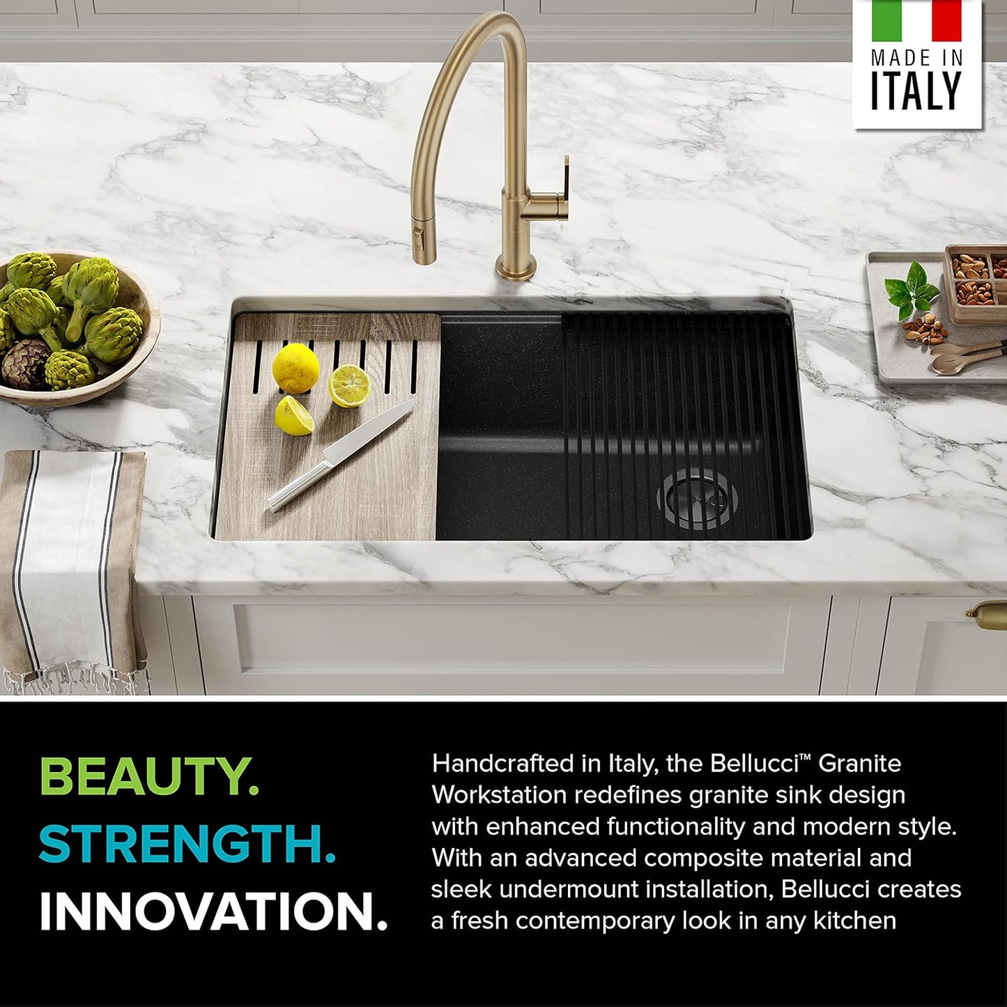 KRAUS Bellucci 32” in. Undermount Workstation Granite Kitchen Sink in Metallic Black with Accessories, KGUW2-33MBL