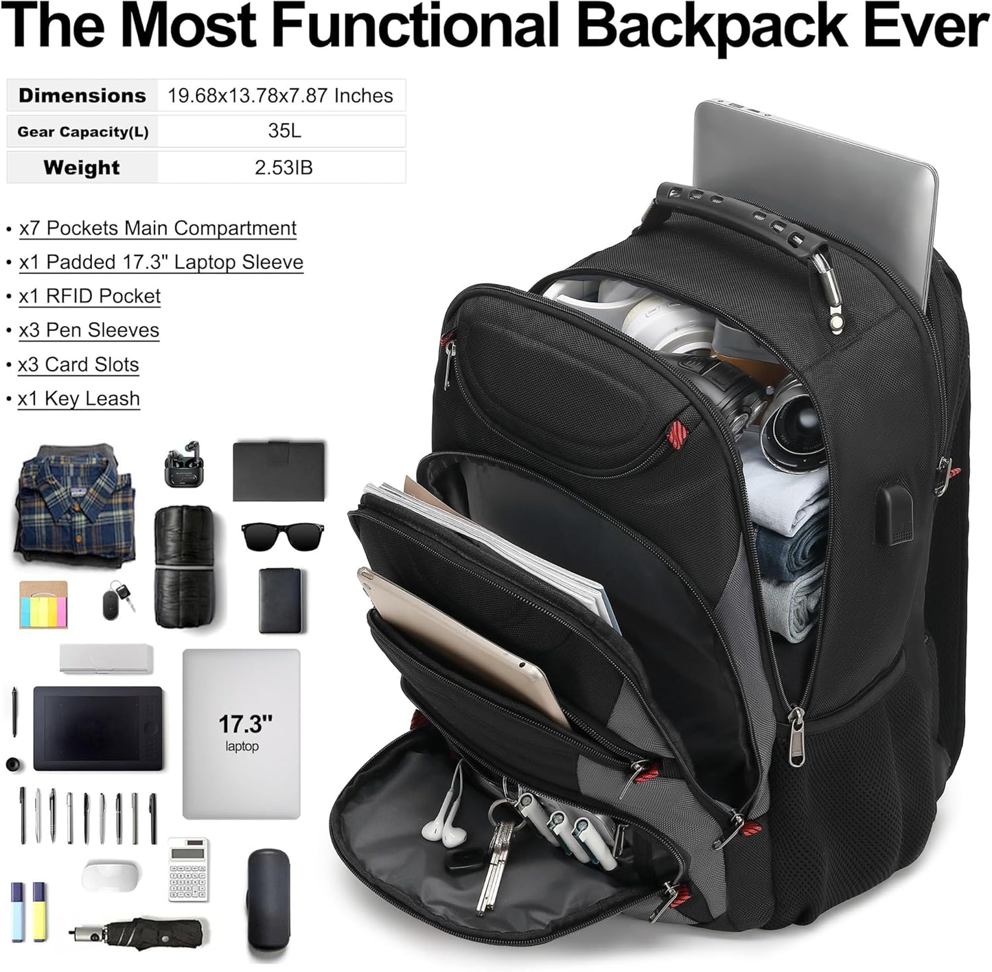 Boavan Laptop Backpack for men, 17.3 inch Laptop Bag with USB Port, Waterproof Travel Work Backpack Purse, Anti-Theft Teacher Nurse Doctor Casual Bookbags Office Business backpack，Black&Dark Grey