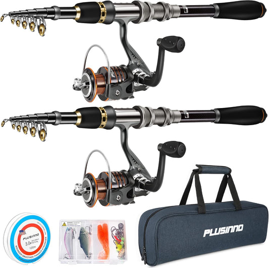 PLUSINNO Fishing Rod, Telescopic Fishing Rod and Reel Combo, Collapsible Travel Fishing Pole Rod Starter Kit, Carbon Fiber Fishing Rods and 12 +1 Bearings Stainless Steel, Fishing Gifts for Men Adults