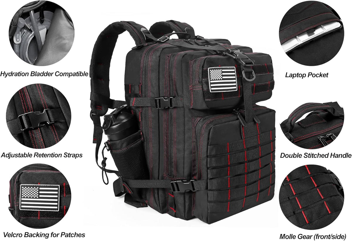 LHI Military Tactical Backpack for Men and Women 45L Army 3 Days Assault Pack Bag Large Rucksack with Molle System - Black With Red Line