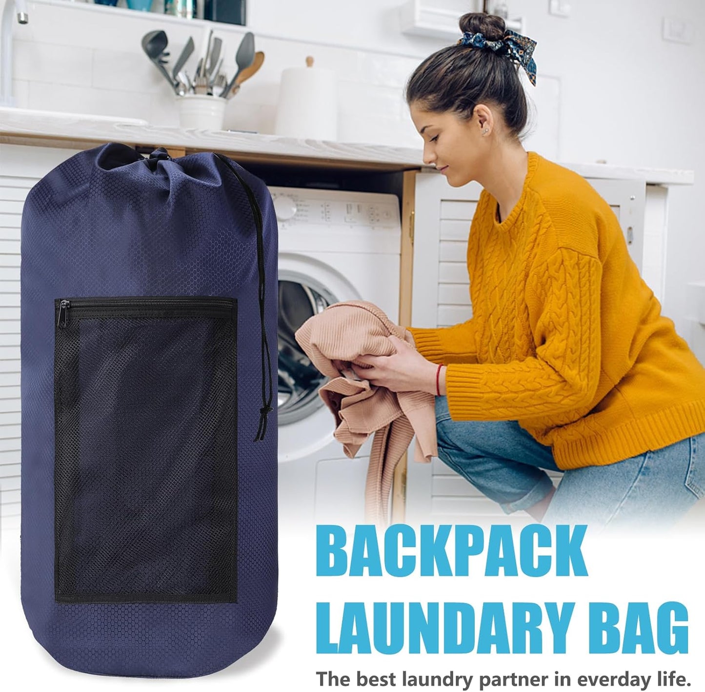 Portable with Adjustable Shoulder Straps Travel Dirty Laundry Bag,with Drawstring Closure & Mesh Pocket Backpack Laundry Bag for College,Apartment,Camping(Dark Blue)