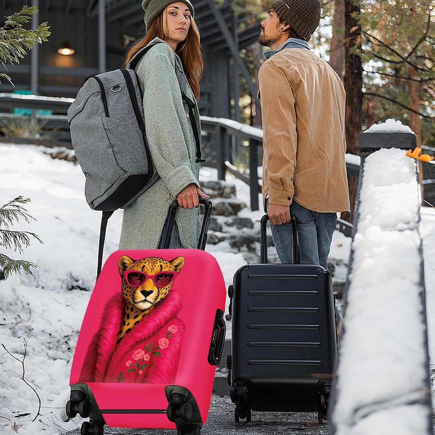 ANNA QUEEN Fashionable Leopard Luggage Cover, Leopard in Pink Coat and Sunglasses, Stretchable, Washable Travel Sleeve for 32-34 Inch Luggage
