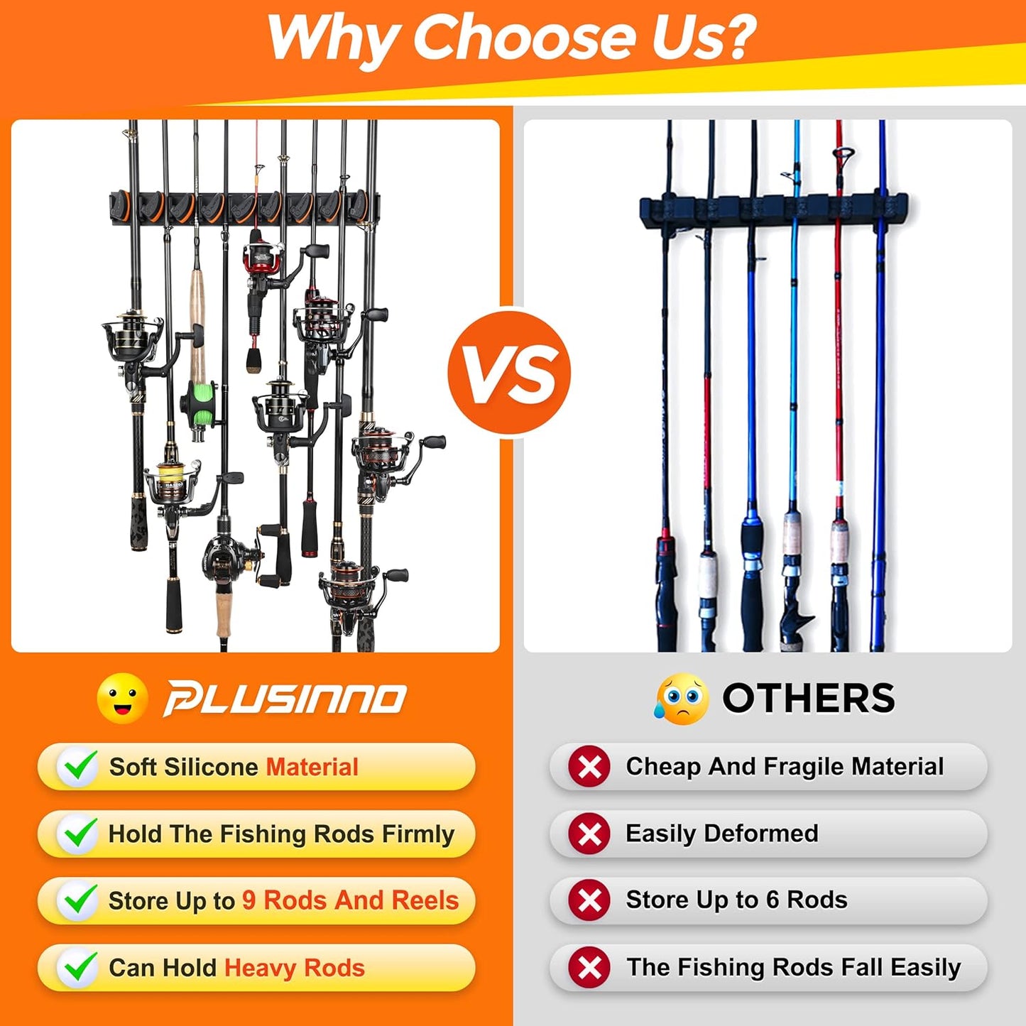 PLUSINNO V9 Vertical Fishing Rod Holders, Wall Mounted Fishing Pole Holders, Fishing Rod Rack Holds Up to 9 Rods or Combos, Fishing Rod Holders for Garage, Fits Most Rods of Diameter 3-19mm