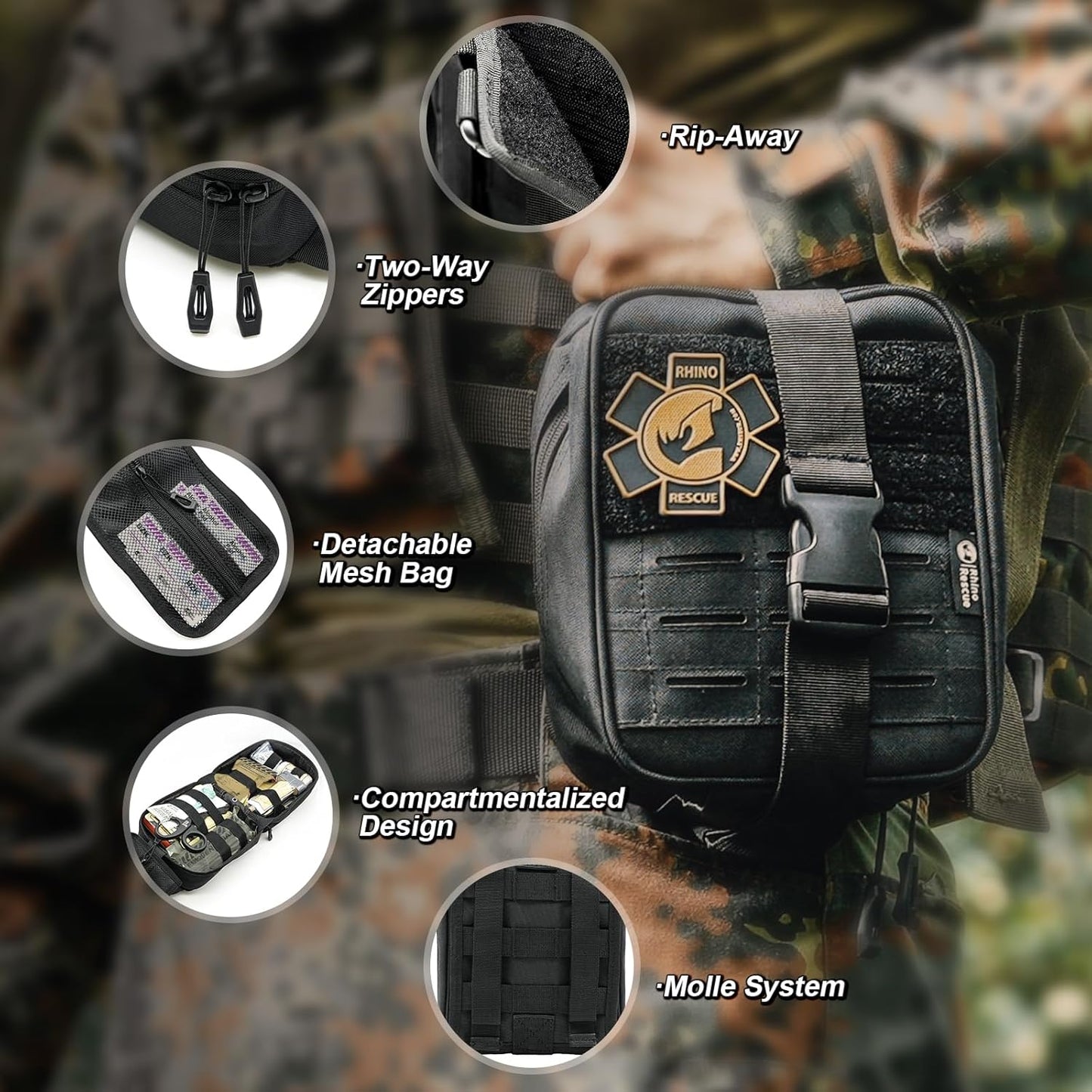 RHINO RESCUE IFAK Trauma Kit with C-A-T Tourniquet, Tactical First Aid Kit Molle Pouch for Military, Combat, Car, Camping, Hiking, Travel (Camo)