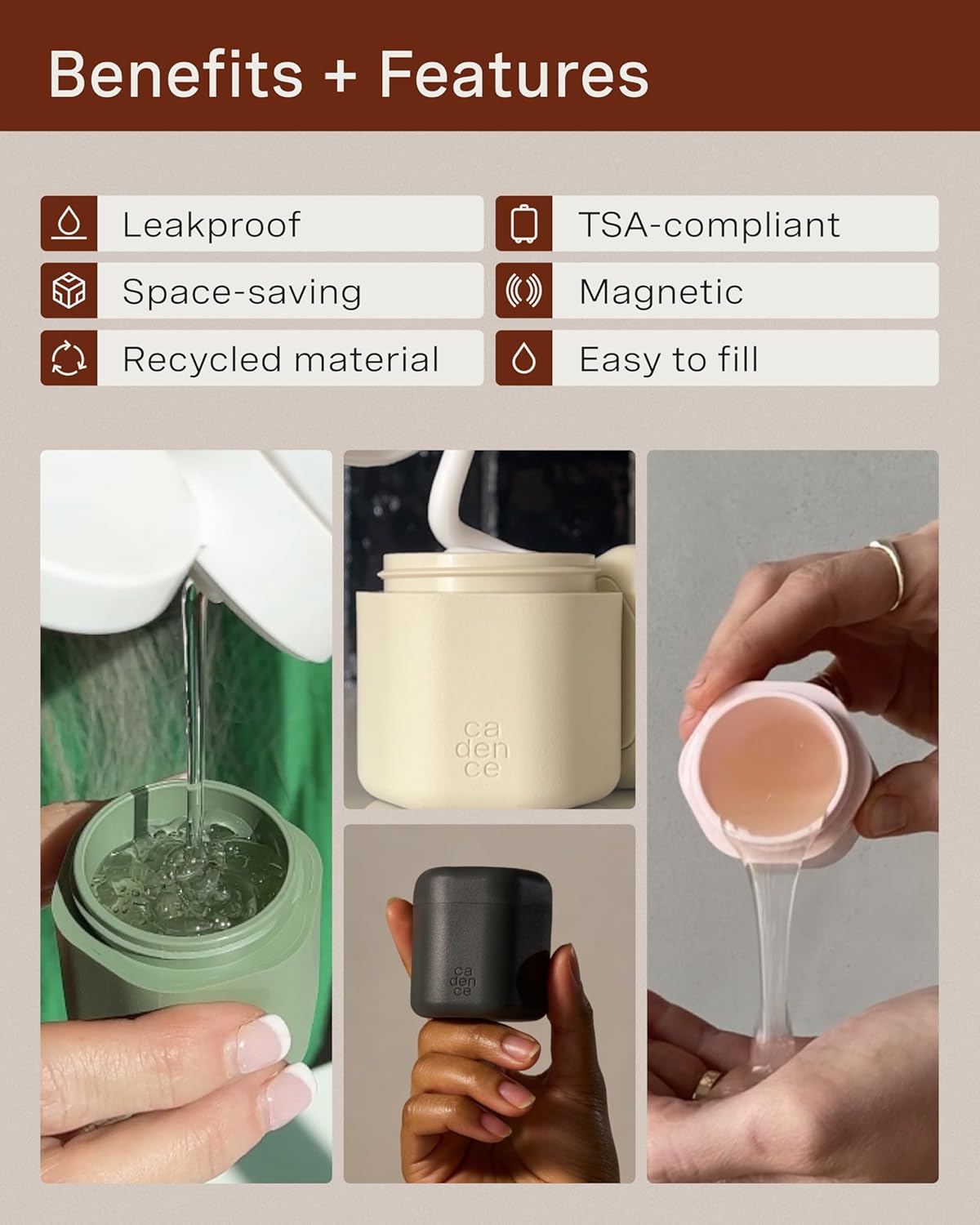 Cadence Travel Containers Haircare Capsule Set - Magnetic Containers with Lids,Carry On Travel Essentials For Women/Men - 3 Flex Mediums (1.32oz) - Shampoo, Conditioner & Comb Icon Labels - Sand