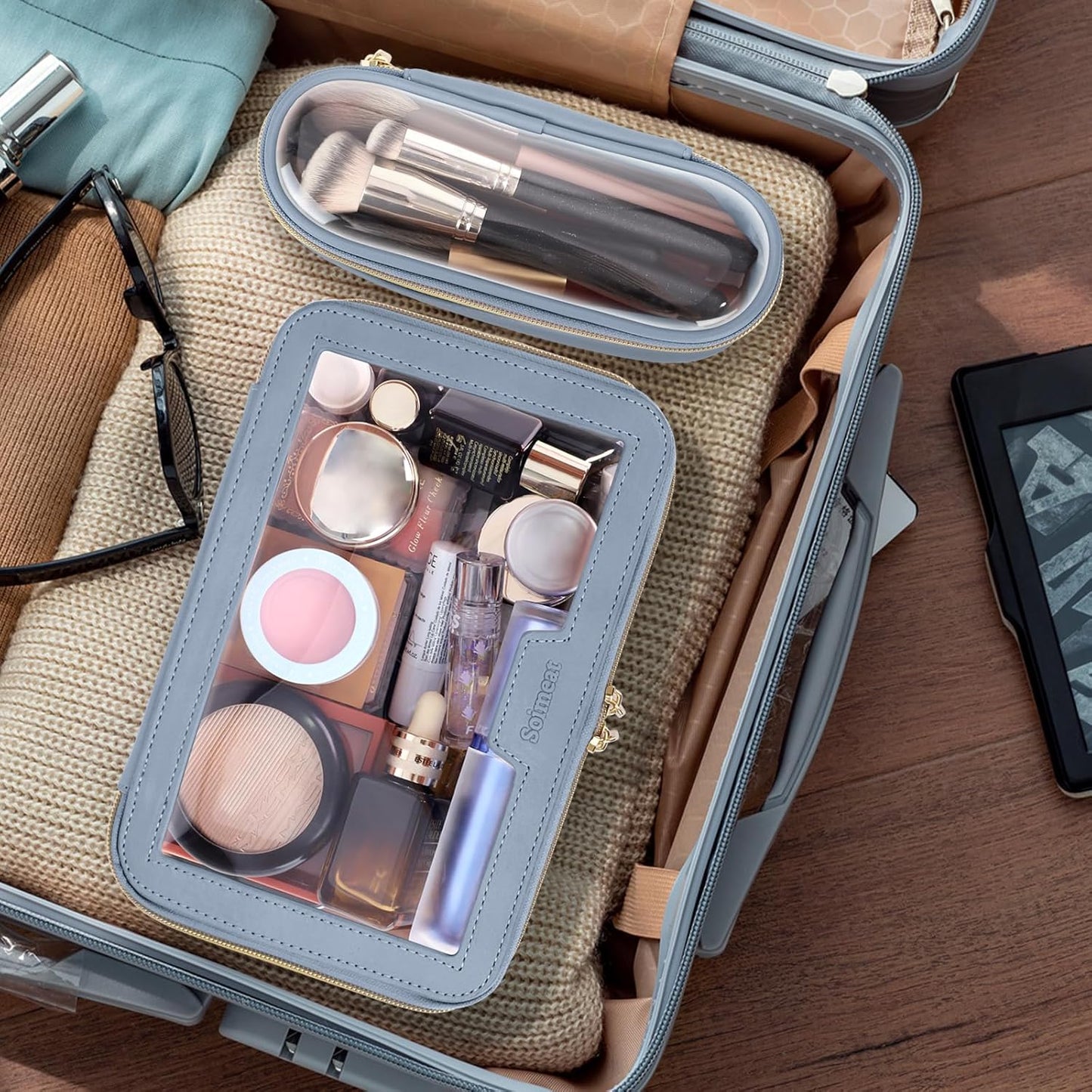 Travel Clear Makeup Bag with Makeup Brush Bag, Leather Makeup Case Toiletry Bag, Portable Cosmetic Bag Case, Transparent Waterproof Cosmetic Organizer Storage Bag for Women, Blue