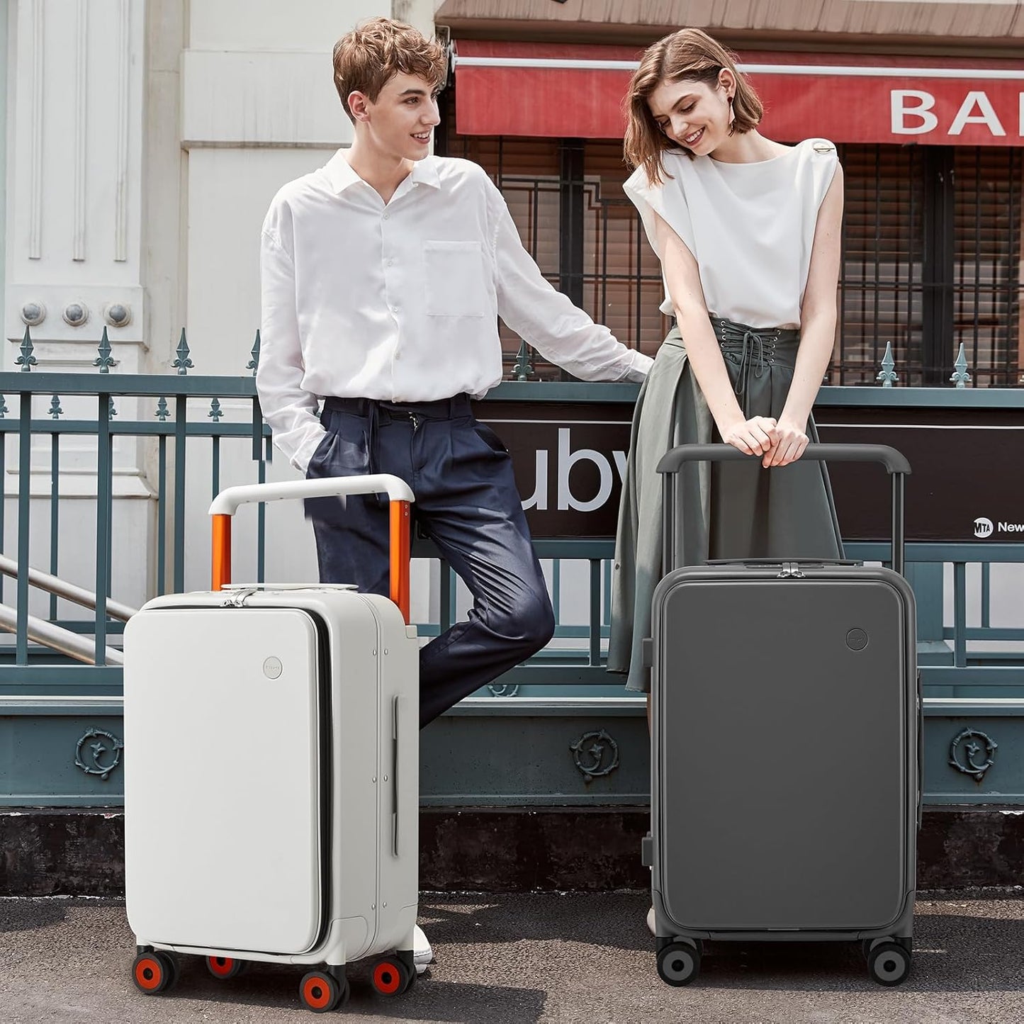 mixi Checked Luggage Wide Handle Luxury Design Rolling Travel Suitcase PC Hardside with Aluminum Frame Hollow Spinner Wheels, with Cover, 24 inch, Smoke White