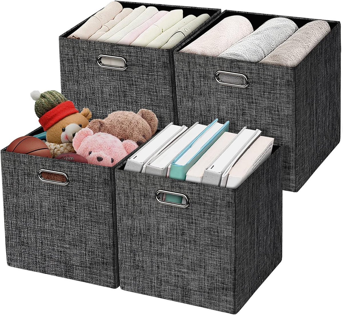 Posprica Collapsible Storage Cubes,11×11 Heavy Duty Fabric Stroage Basket Bins, 4pcs,Black