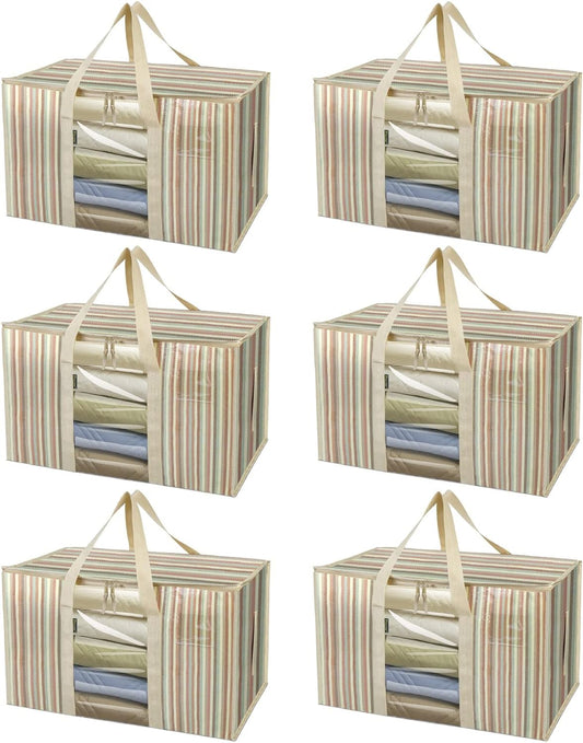 BALEINE 6-Pack Oversized Moving Bags with Reinforced Handles, Heavy-Duty Storage Tote for Clothes, Moving Supplies (Color Stripe with Window, 6-Pack)