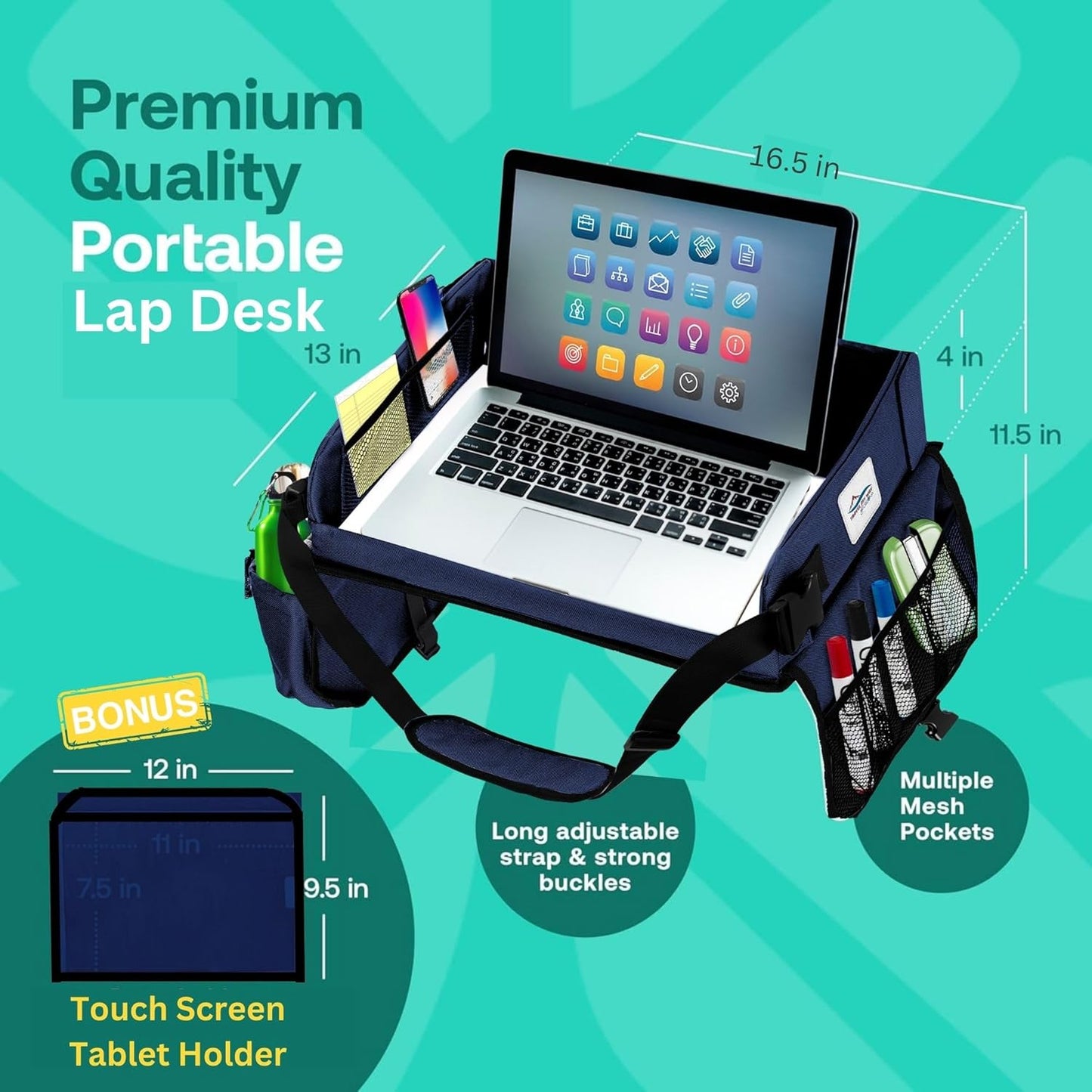 Travel Lap Desk, Travel Tray, Portable Lapdesk for Car, Remote Work, Road Trips, School, Laptop Pad with Storage Pocket, Tablet Holder, Shoulder Strap, Fits up to 15.6-Inch Laptop (Navy)