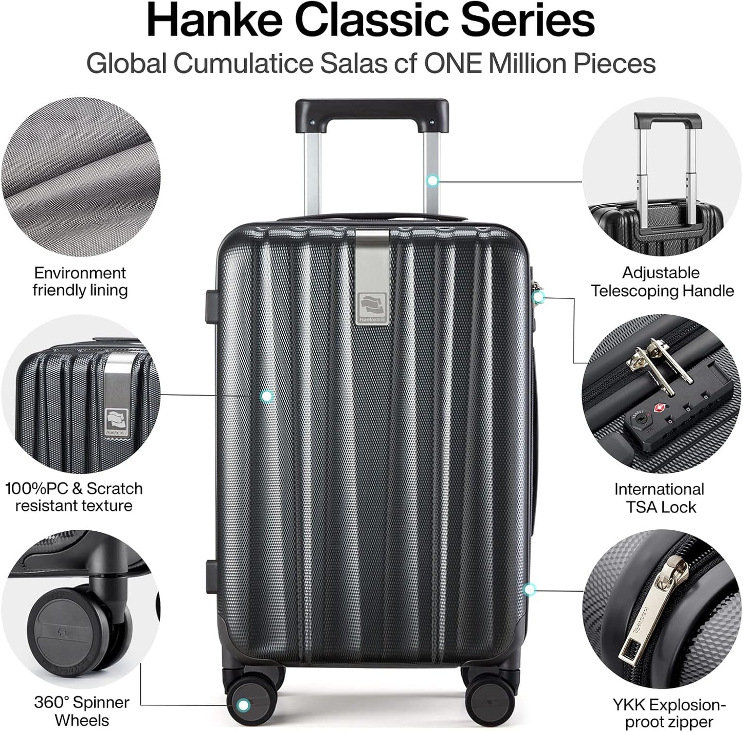 Hanke Luggage Sets 2 piece Carry On Luggage with Wheels PC Hard Shell Suitcases Lightweight Checked Travel Luggage Large Travel Suitcase Woman Men 20/29 Inch(Jet Black)