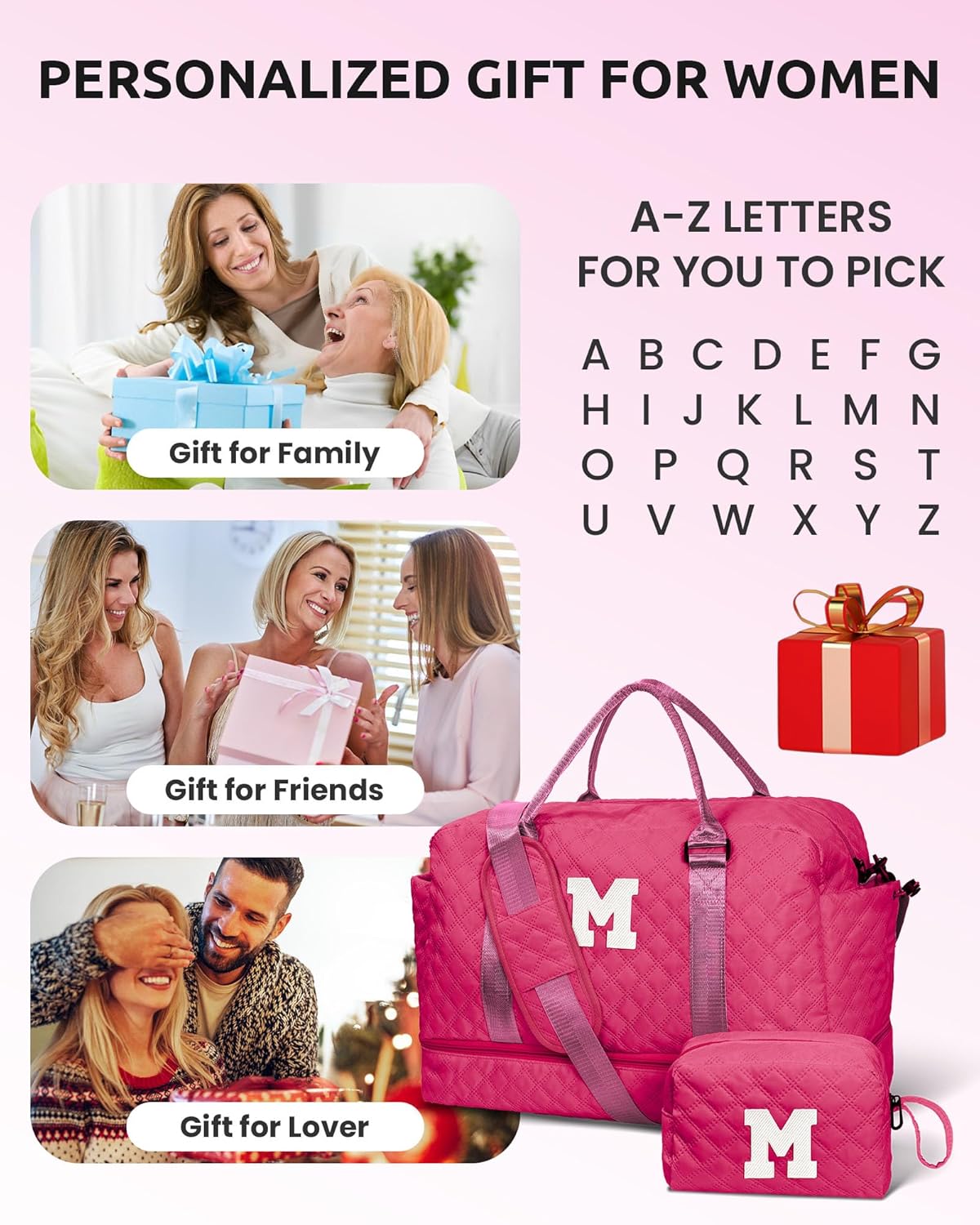 Monogrammed Gift for Woman, Gifts for Women-Initial Travel Bag with Shoe Compartment, Personalized Weekender Bag, Monogram Overnight Bag for Women, Travel Bag with Makeup Bag (Letter I)