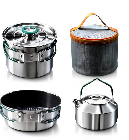 Stainless Steel Camping Cookware, durable, easy to clean, and quick to heat up. Compact camping cookware set, perfect for family picnics, camping, backpacking, hiking.