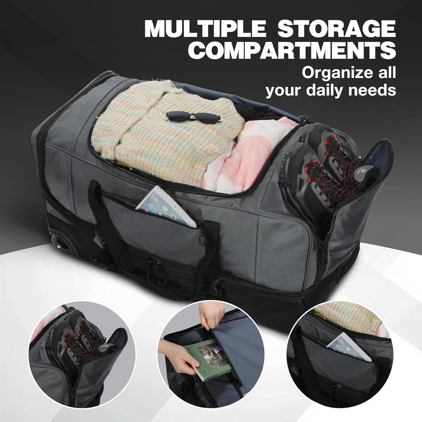 REDCAMP Large Rolling Duffle Bag with Wheels and Handle, 33-Inch Durable Heavy Duty Wheeled Travel Duffel Luggage, 2 Layers of Space