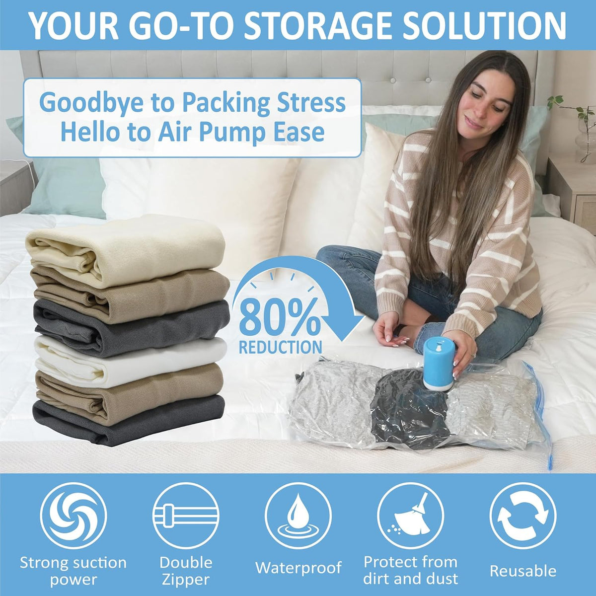 Cozy Essential Travel Vacuum Storage Bags with Portable Electric Pump, Vacuum Seal Space Saver Bags for Clothing and Luggage, 12 Pack