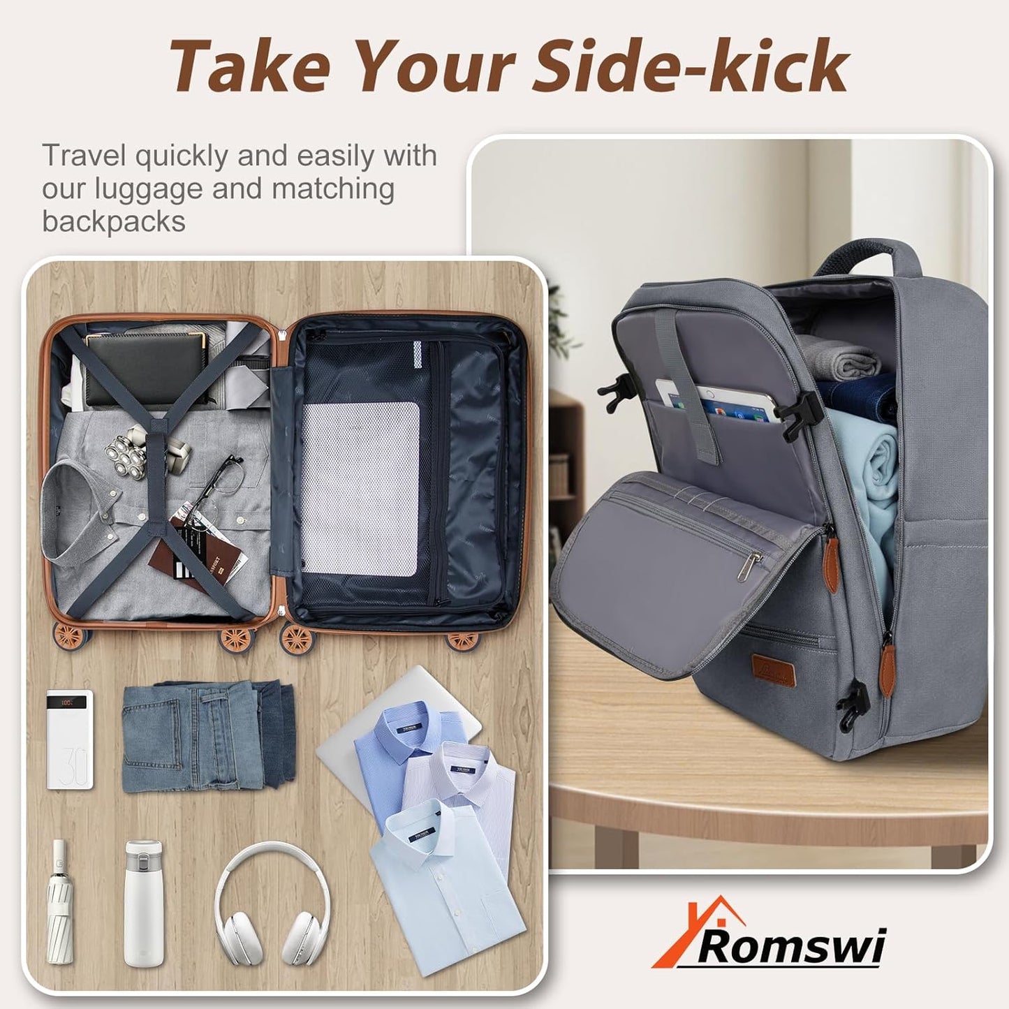 Romswi Luggage Sets 2 Piece 22In, Expandable 22x14x9 Carry On Luggage with Travel Backpack, PC+ABS Hardside Suitcase Set with TSA Lock, Durable Carry On Suitcase with Spinner Wheels Silver
