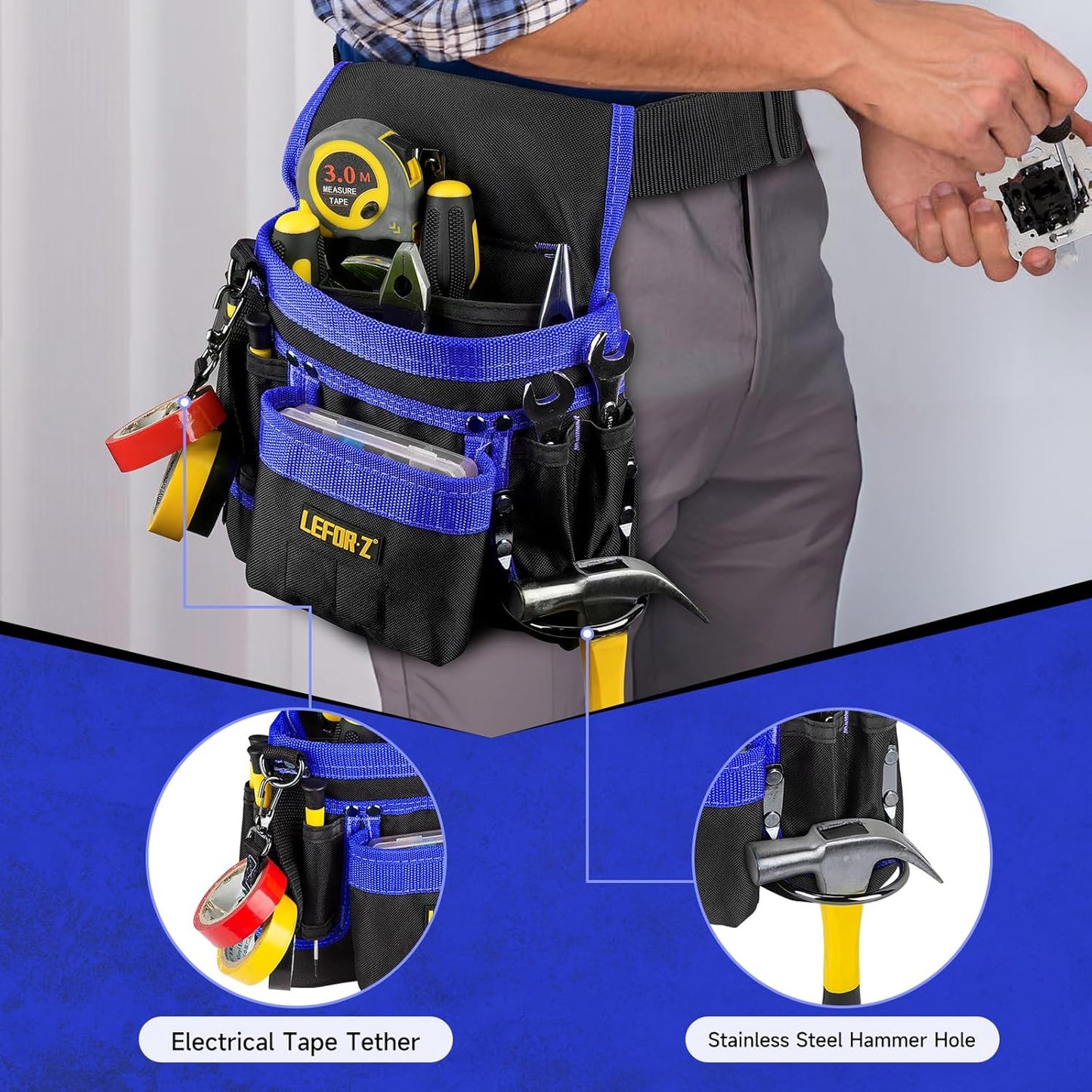 Tool Belt,Magnetic Tool Pouch,14-Pockets Tool Belts for Men,Detachable & Adjustable Tool Pouch belt for Electrician,Carpenter,Construction,Work Apron,Utility Belt,Black-Blue