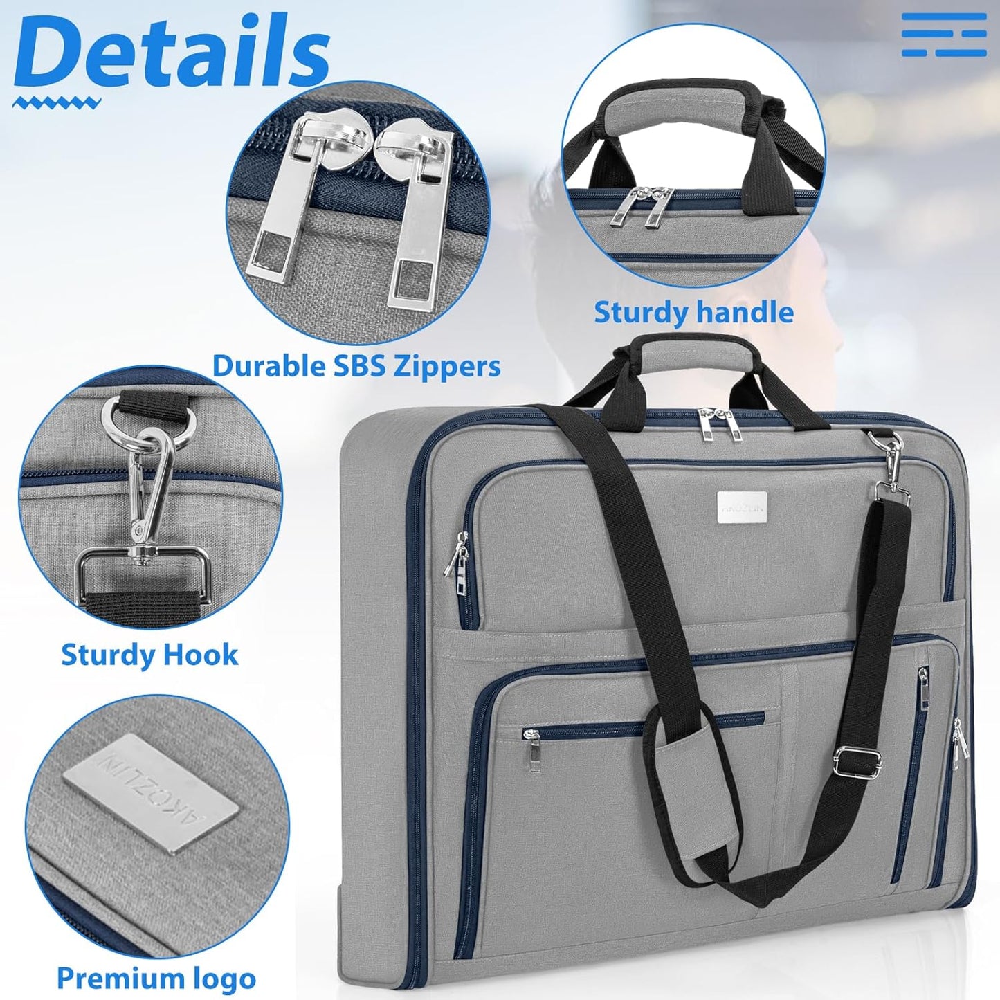 AKOZLIN Travel Luggage Garment Bag Foldable Hanging Suit Bag with Shoulder Strap For Men Women Business Grey