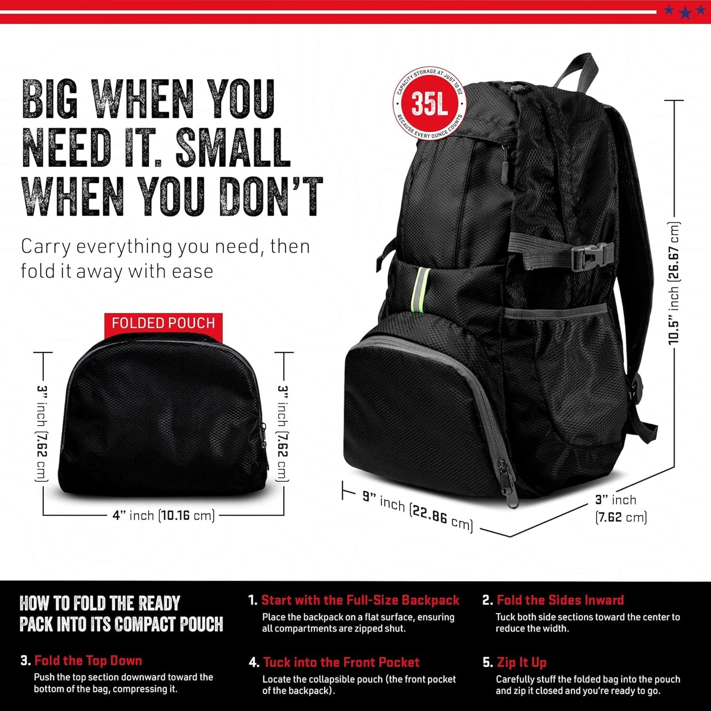 Ready Pack 35L — Foldable Backpack for Travel | Lightweight, Water Resistant Hiking Daypack | Compact, Packable Backpack for Men & Women | Great for Camping & Daily Use