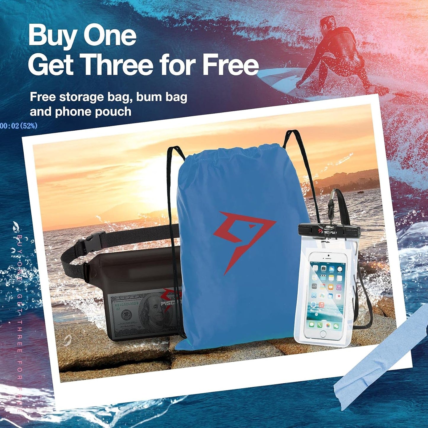 Piscifun Dry Bag Waterproof, Lightweight Dry Backpack Roll-Top Sealed with Waist Pouch and Phone Case Keeps Gear Dry Inside for Kayaking, Boating 10L 20L 30L