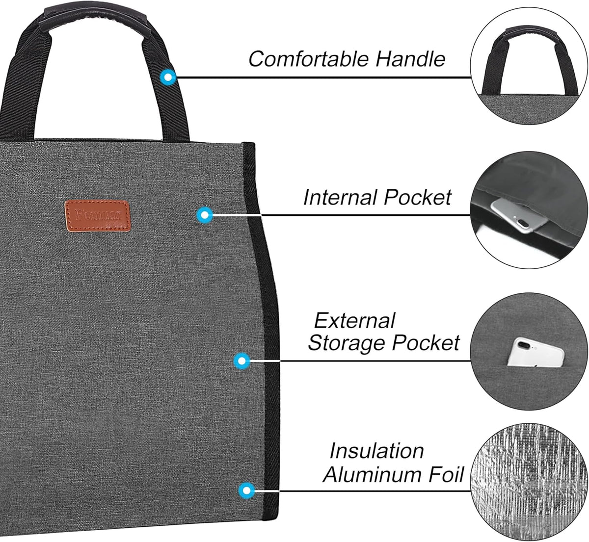 Lunch Bags for Women Insulated Reusable Lunch Tote with Internal Pocket, Lunch Tote bag for Work (Charcoal Grey)