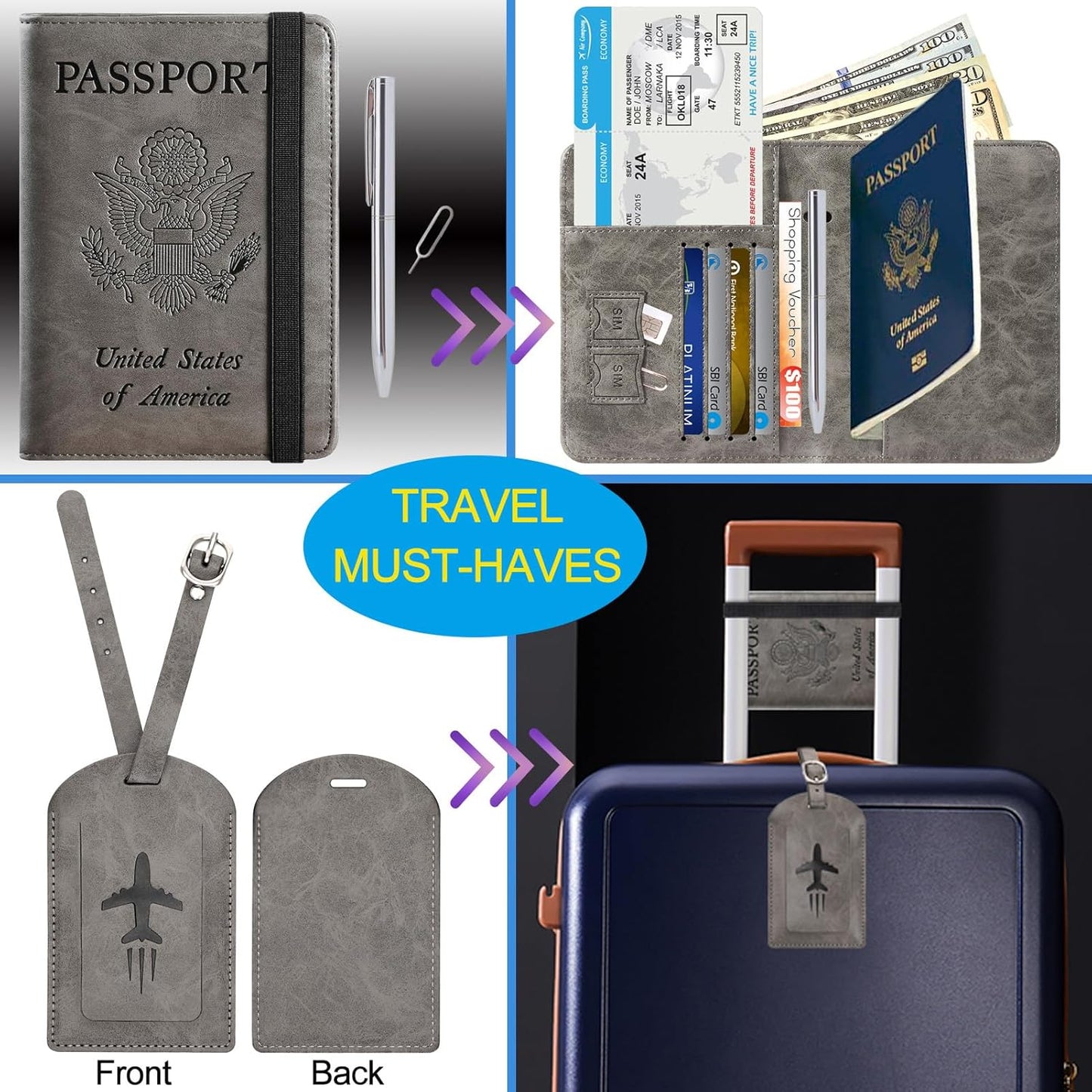 Passport Holder With Luggage Tag Travel Essentials Passport Cover Wallet RFID Blocking Leather Case International Must Haves Travel Accessories Women Men(115#Grey)