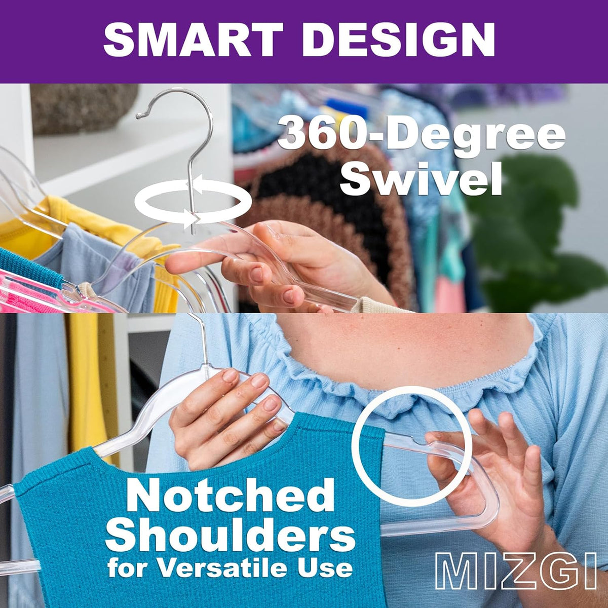 MIZGI 20 Pack Clear Plastic Hangers - Premium Thick Invisible Space Saving Hanger with 360° Swivel Hook, Ultra Slim Hangers for Suits, Dresses, Shirts, Coats & Pants