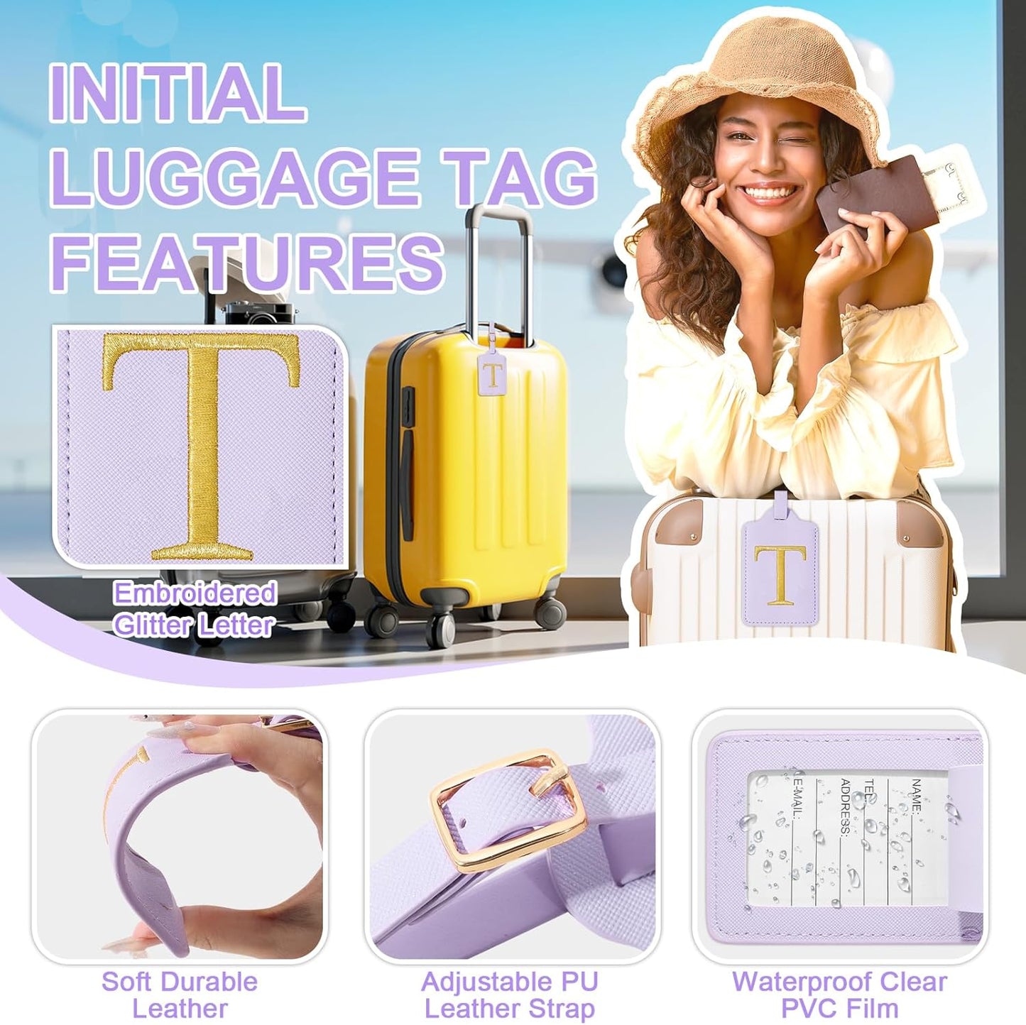 Personalized Initial Luggage Tags for Suitcase, Purple Leather Cute Luggage Tags with Privacy Cover Name Card, Embroidered Custom Monogrammed Luggage Tag Travel Backpack Tags Gifts for Women Kids(T)