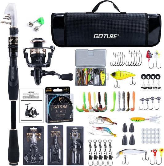 Goture Fishing Rod and Reel Combo - Carbon Fiber Telescopic Fishing Pole - Spinning Reel 9+1 Shielded Bearings Stainless Steel BB - A