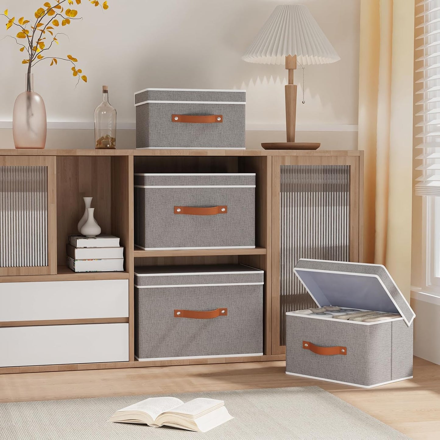 Fabric Storage Bins with Lids, Linen Foldable Clothes Boxes, Closet Organizer Containers with Double Handles, Baskets for Bedroom, Grey, 5 Pack, 13 x 9.1 x 7.9 Inch