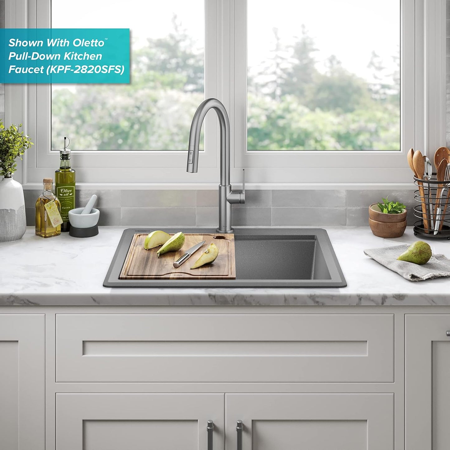 KRAUS Bellucci 25-inch Granite Workstation Drop In Top Mount Single Bowl Kitchen Sink in Metallic Grey with Accessories, KGTW12-25MGR
