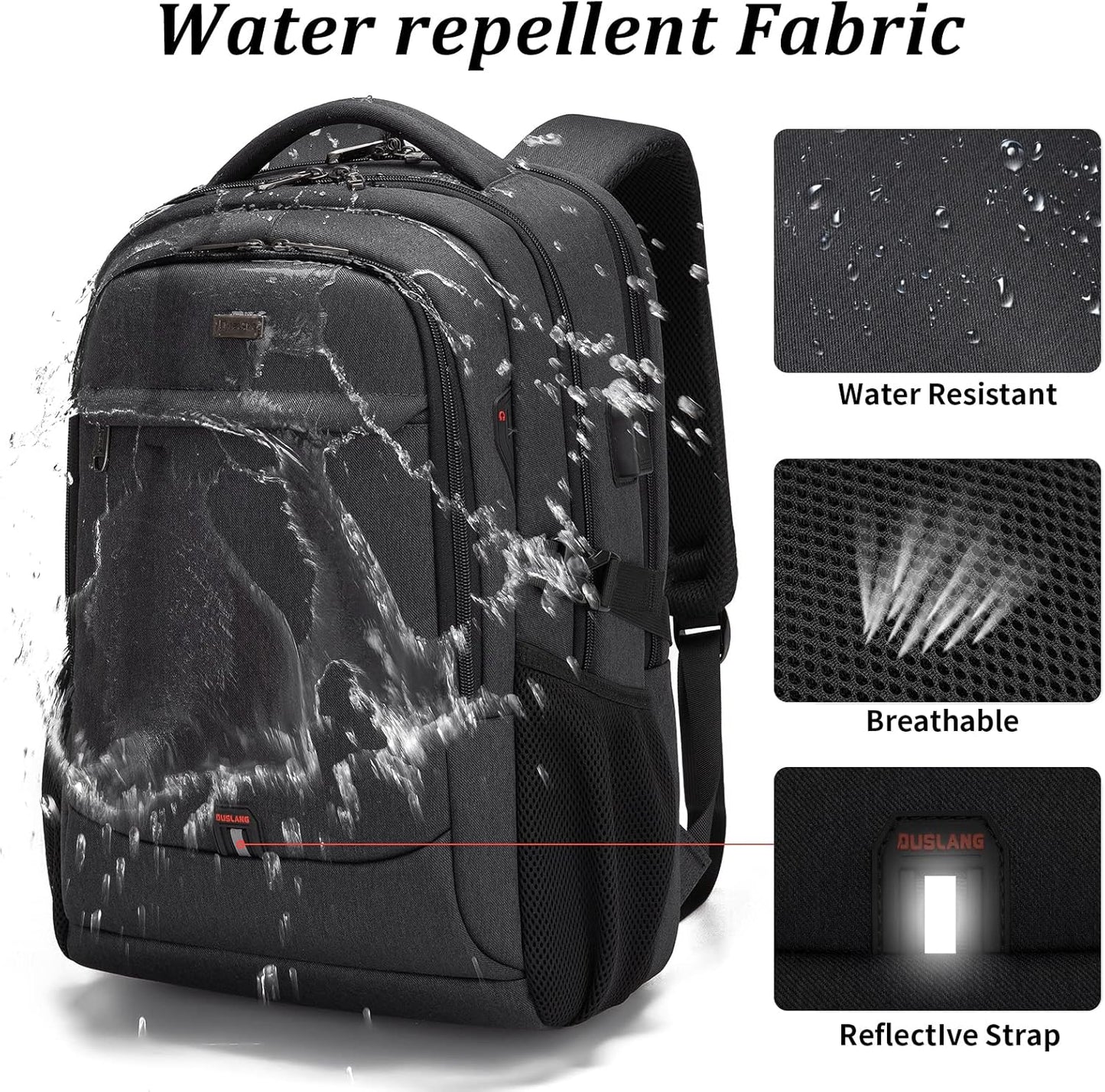 DUSLANG 17 Inch Laptop Backpack for Travel Water Resistant College Backpack for Men/Women Laptop Bag with USB Charging Port and Baseball Keychain for backpack, Black