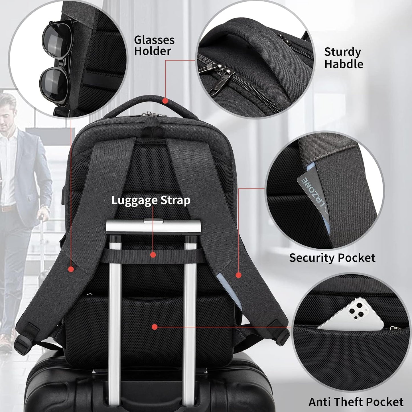 DUSLANG 17 Inch Laptop Backpack for Travel Water Resistant College Backpack for Men/Women Laptop Bag with USB Charging Port and Baseball Keychain for backpack, Black