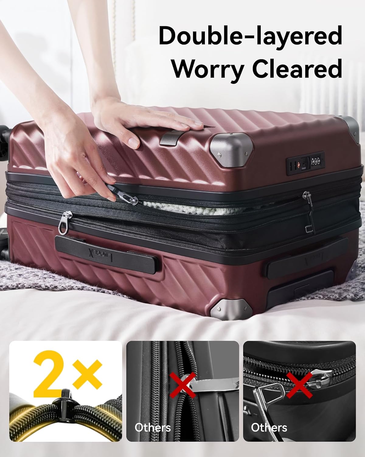 LUGGEX Luggage with Spinner Wheels, Polycarbonate Expandable Hard Shell Suitcase, Checked Large 28 Inch, Cherry