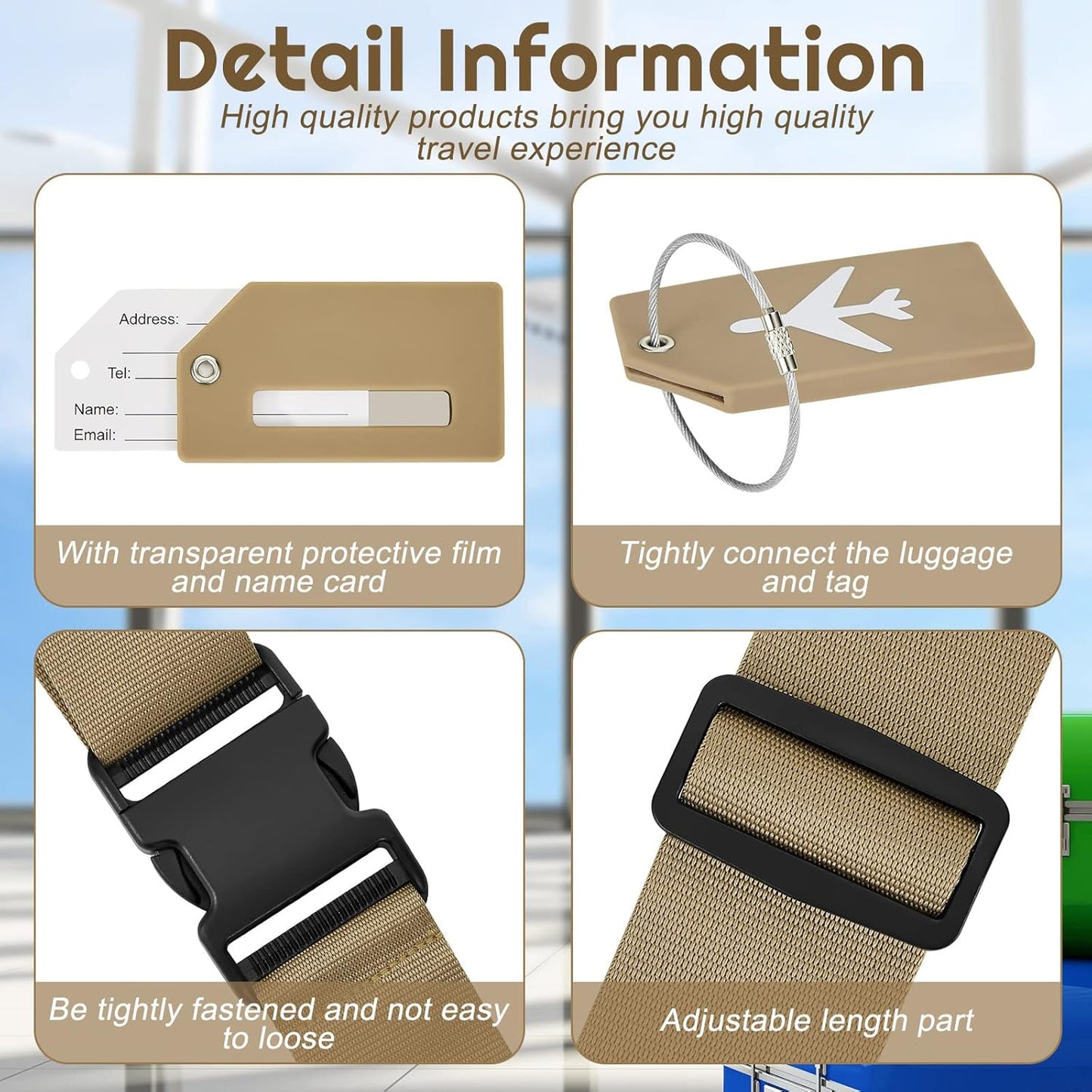 Weewooday 8 Pcs Luggage Straps Suitcase Tags Set for TSA Approved, 4 Travel Adjustable Suitcase Belt, 4 Silicone Luggage Tags with Name ID Card Travel Accessories(Khaki,Airplane)