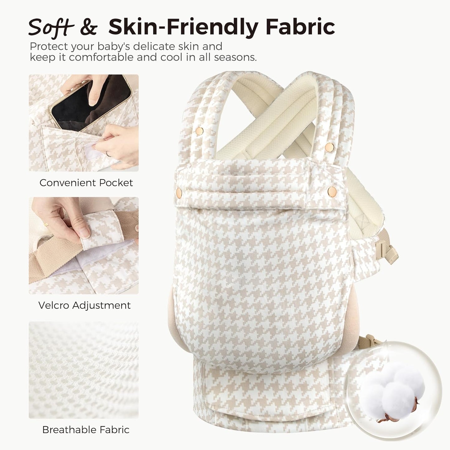 Baby Carrier Newborn to Toddler- Ergonomic,Cozy and Lightweight Infant Carrier for 7-40lbs,3 Carry Positions Newborn Carrier,White Houndstooth