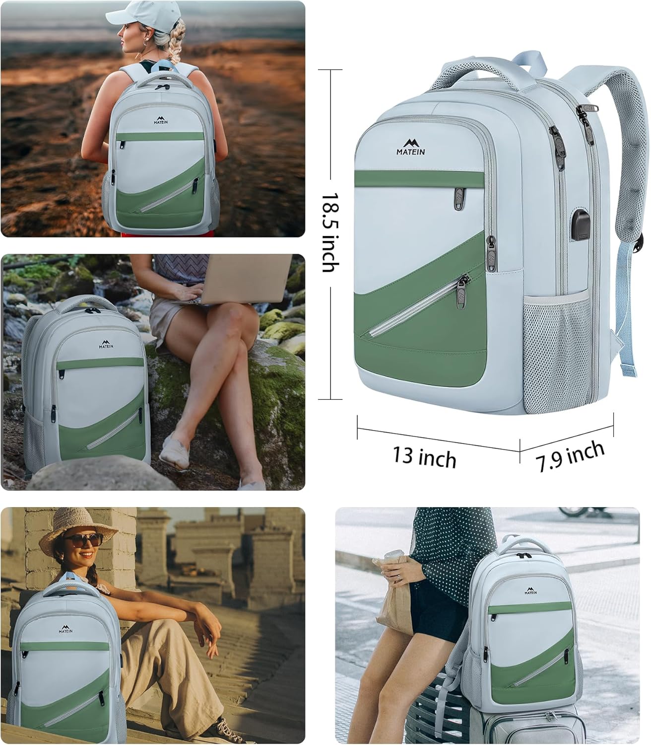 MATEIN Large Laptop Backpack for Women, Stylish 17 Inch Lightweight Outdoor Bag with USB Charging Port & Luggage Strap, Water Resistant Travel Computer College Backpack, Blue Green