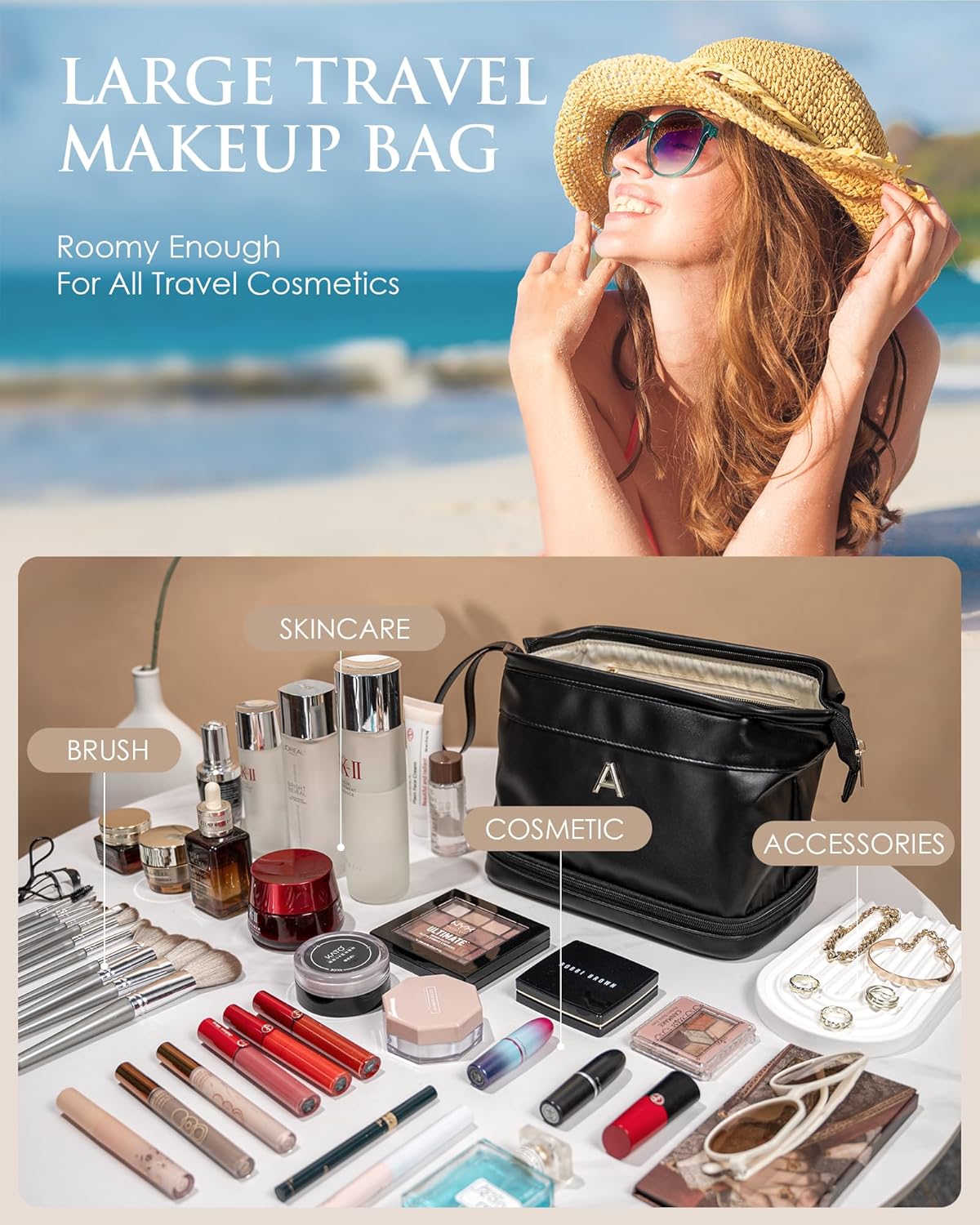 Gifts for Women-Initial Large Makeup Bag for Female, Gift for Women Personalized Cosmetic Bag with Makeup Brush Organizer, Teacher Gift, PU Leather Travel Toiletry Bag Small gift Bags