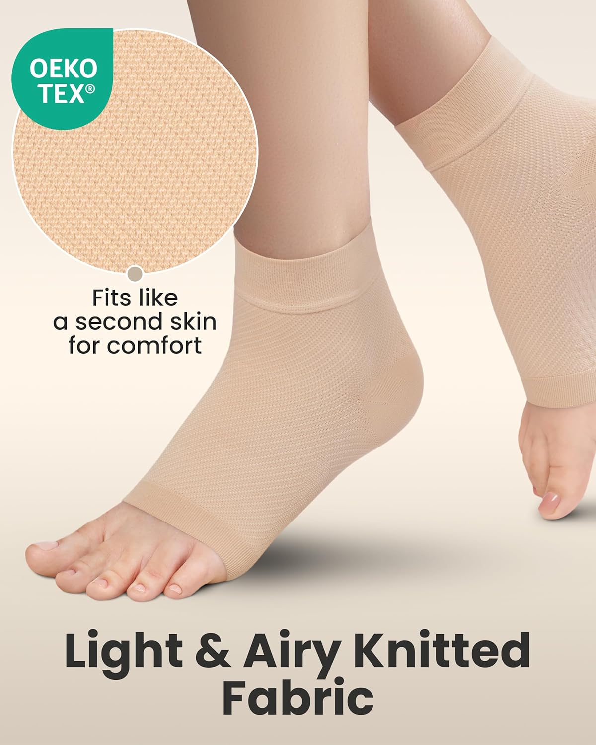 KEMFORD Ankle Compression Sleeve - 2-Pack, Plantar Fasciitis Braces - Open Toe Compression Socks for Swelling, Sprain, Neuropathy, Foot Arch Support for Men and Women - 20-30mmhg, M, Beige