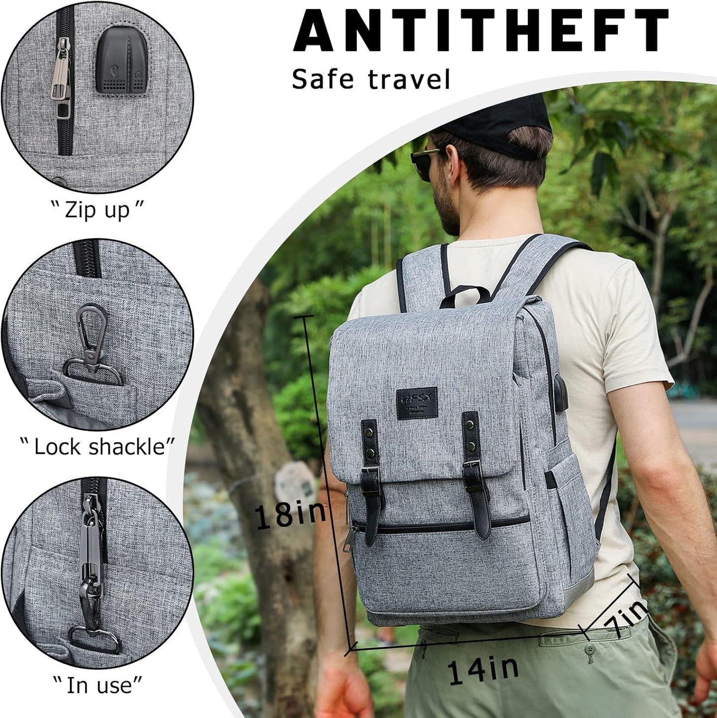 HFSX Vintage Backpack Anti Theft Laptop Backpack Men Women Business Travel Computer Backpack College Bookbag Stylish Water Resistant Vintage Backpack with USB Port Fits 15.6 Inch Laptop Grey