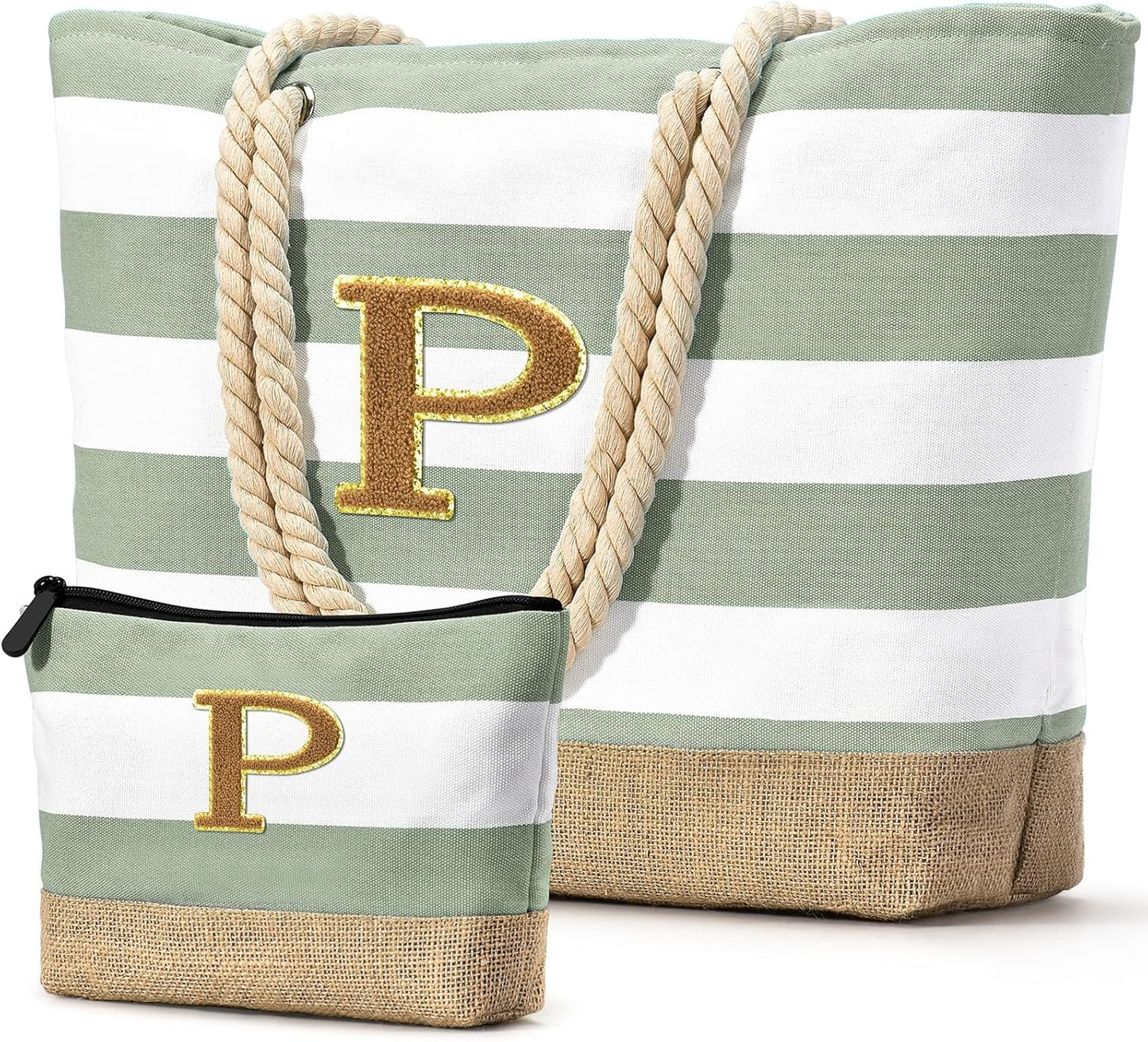 Becokan Beach Bag Initial Beach Tote with Makeup Bag for Travel Work Storage Personalized Birthday Gifts for Women Her