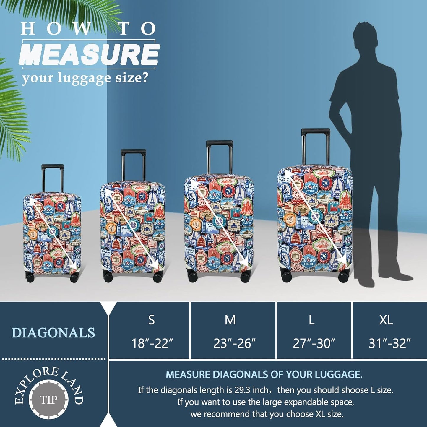 Explore Land Travel Luggage Cover Suitcase Protector Fits 23-26 Inch Case (Landmark Sticker, M)