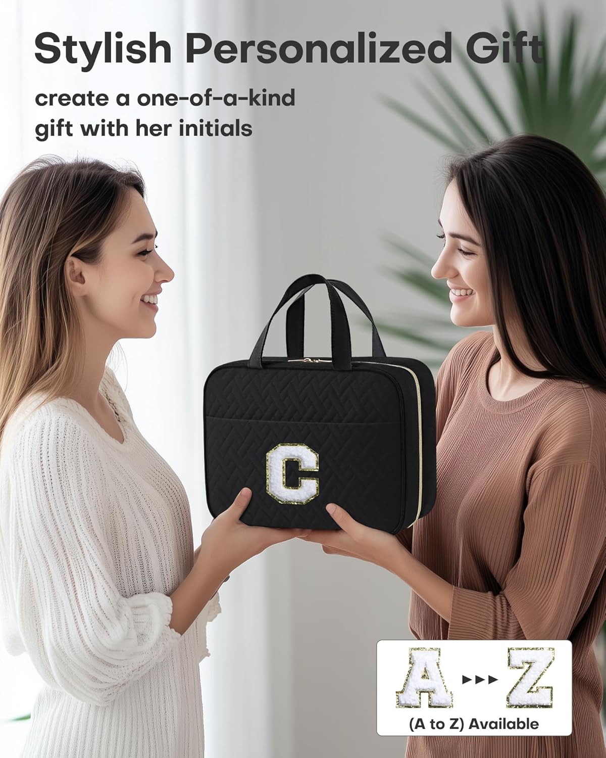 HOTOR Travel Toiletry Bag - Personalized Chenille Initial Makeup Bag, Water-Resistant Personalized Gifts for Women, Portable Travel Accessories & Essentials, Letter C, Black, 11.4"×9.0"×3.35"