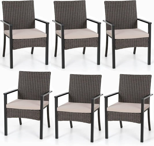 PHI VILLA Outdoor Wicker Chairs Set of 6, Rattan Covered Metal Armchairs with Removable Cushion, Heavy Duty Furniture Set for Patio, Deck, Porch, Yard